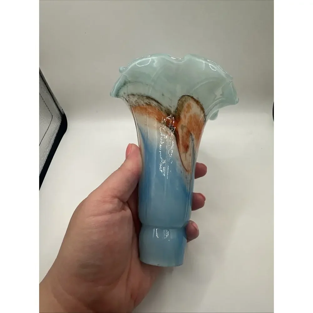 Hand Blown Murano Style Blue & Orange Ruffled Marbled Art Glass Statementpiece
